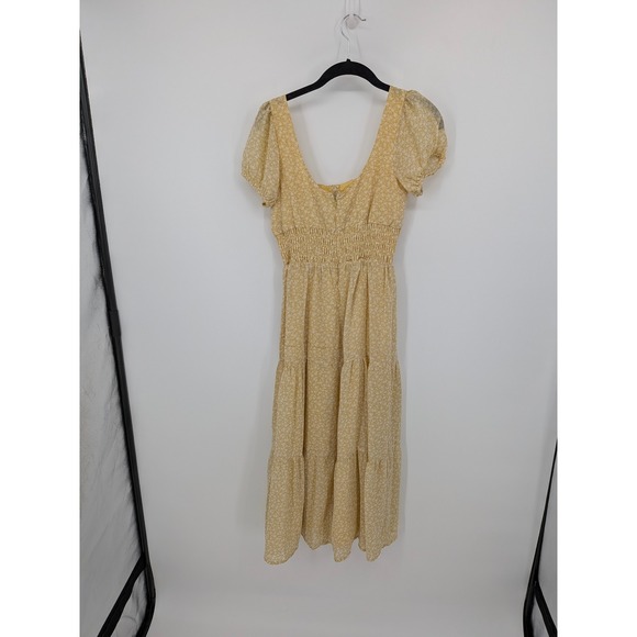 Urban Outfitters Midi Dress Women XS Yellow Floral Smocked Puff Sleeve Milkmaid - Picture 7 of 10
